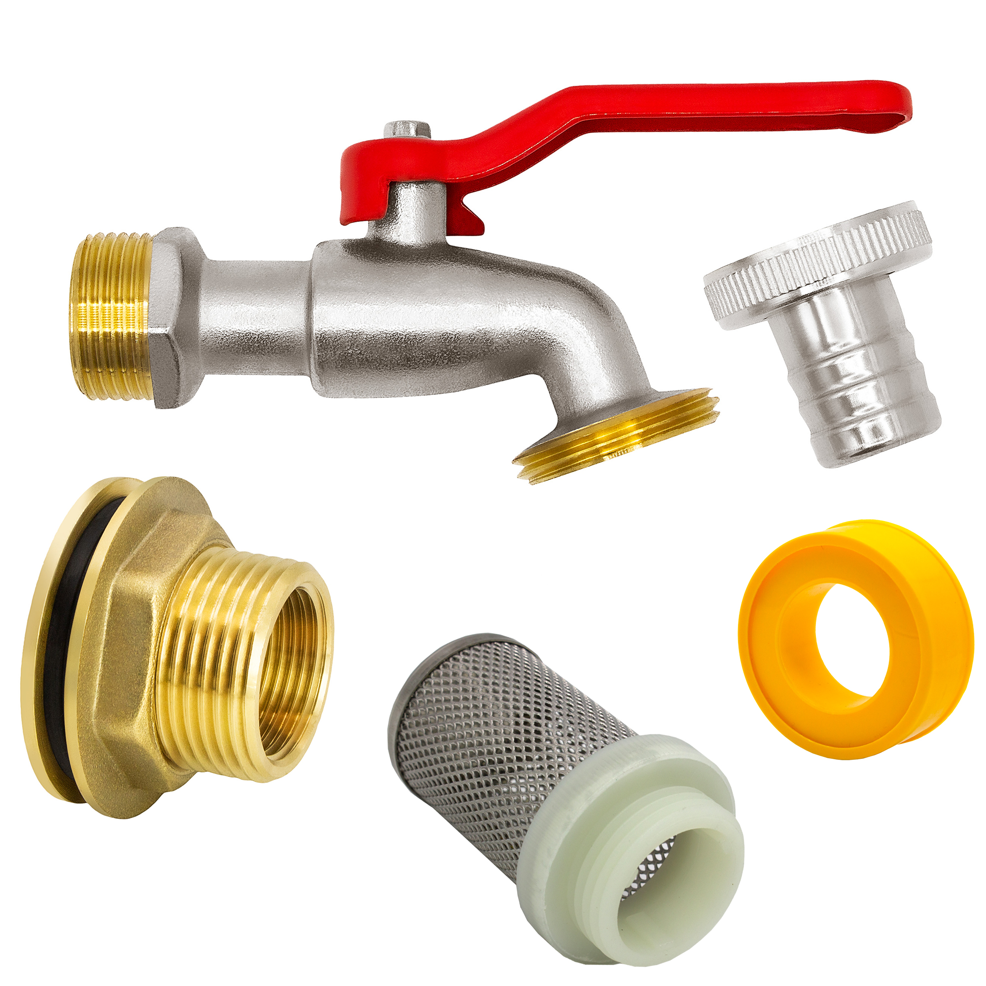 B08JYV822Y-PT01 VARIOSAN Regentonnendurchführung + Kugelauslaufhahn + Saugkorb Set 14719, 3/4", Messing