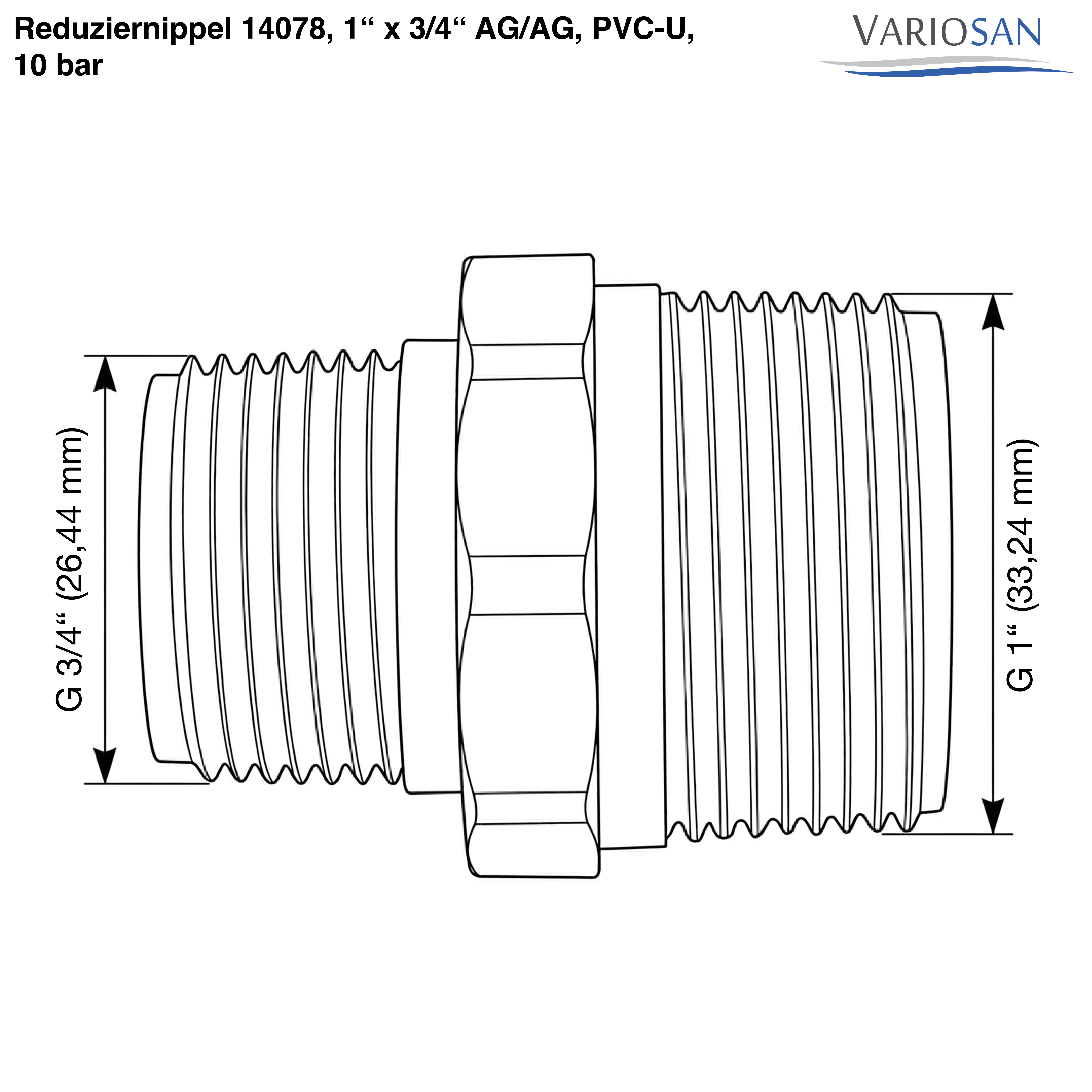 VARIOSAN Reduziernippel 14078, 1" x 3/4" AG/AG, PVC-U, 10 bar