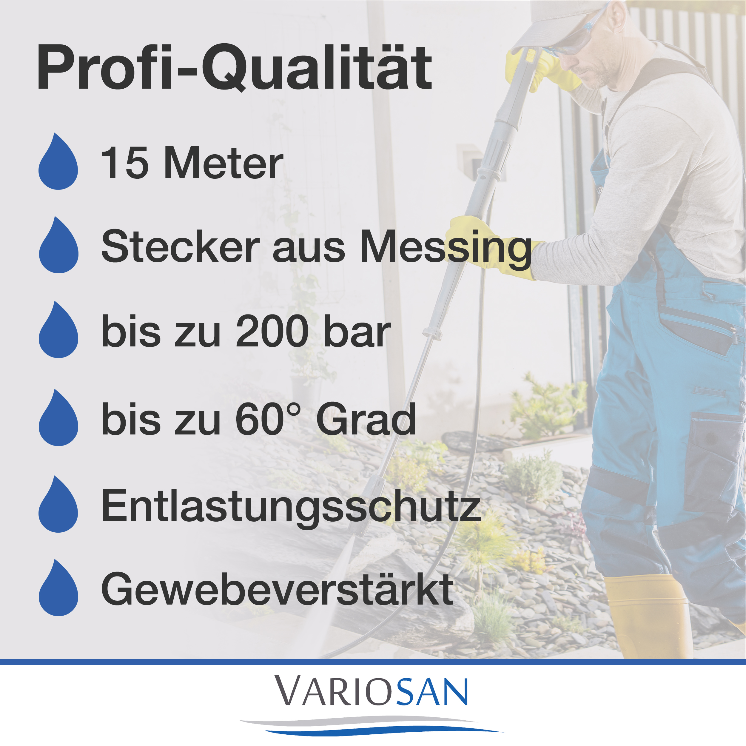 VARIOSAN Hochdruckschlauch für Hochdruckreiniger 16577, 15 m, Quick Connect, schwarz, 200 bar, passend u.a. zu Kärcher K2 K3 K4 K5 K6 K7 und 2.641-721.0