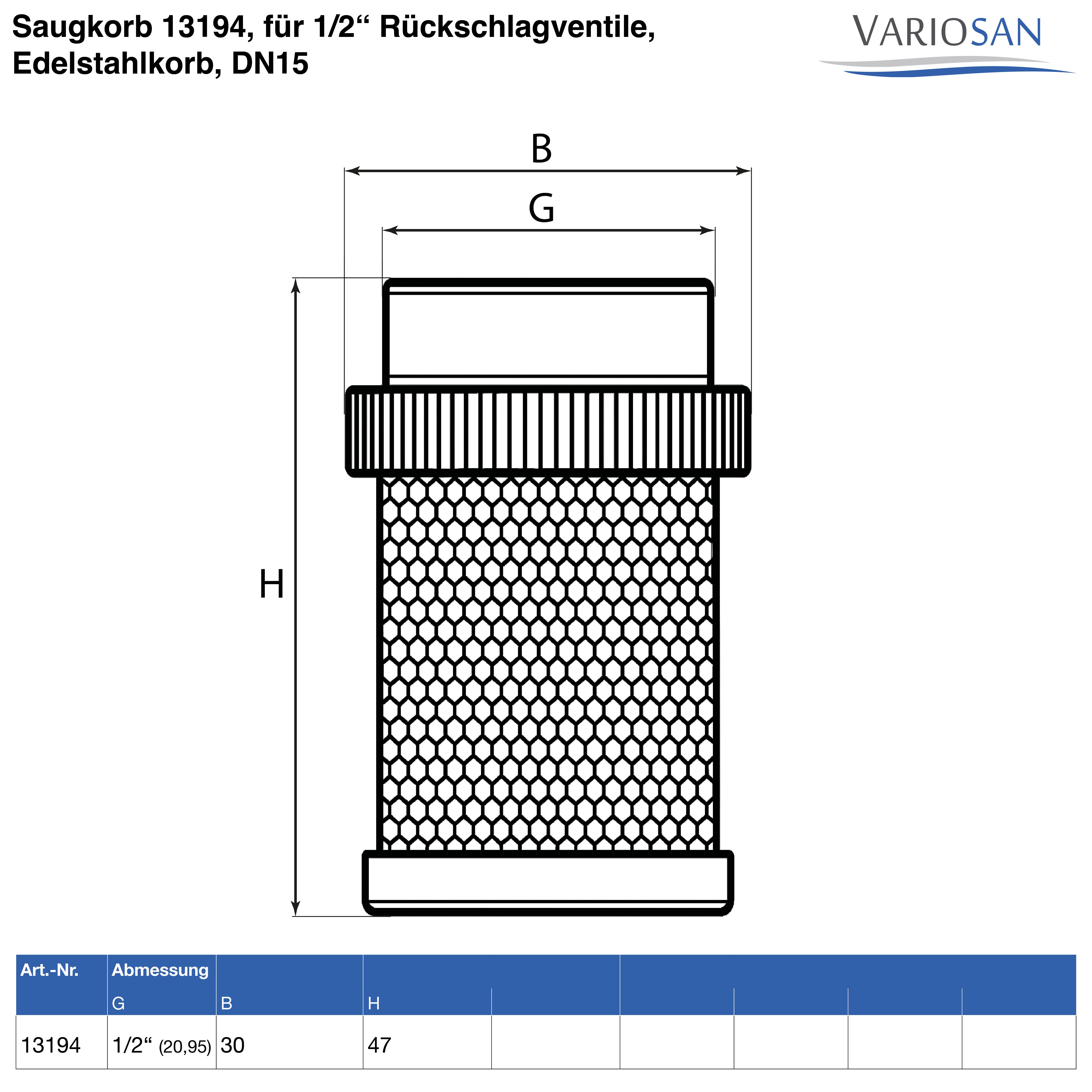 VARIOSAN Saugkorb 13194, für 1/2" Rückschlagventile, Edelstahlkorb, DN15