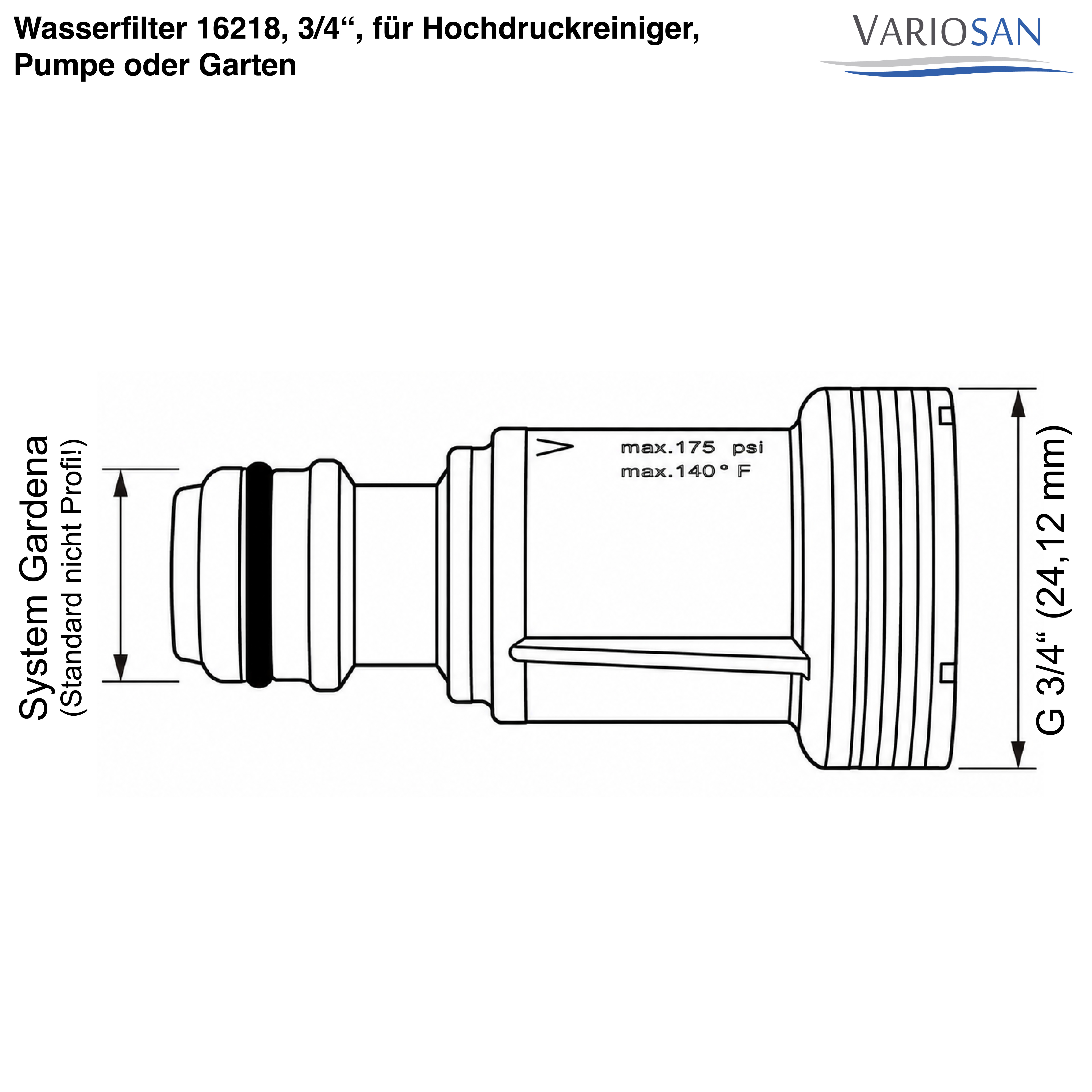 VARIOSAN Wasserfilter 16218, 3/4", für Hochdruckreiniger, Pumpe oder Garten, passend u.a. zu Bosch AQT 33-10, 35-12, 37-13 (F016800577)