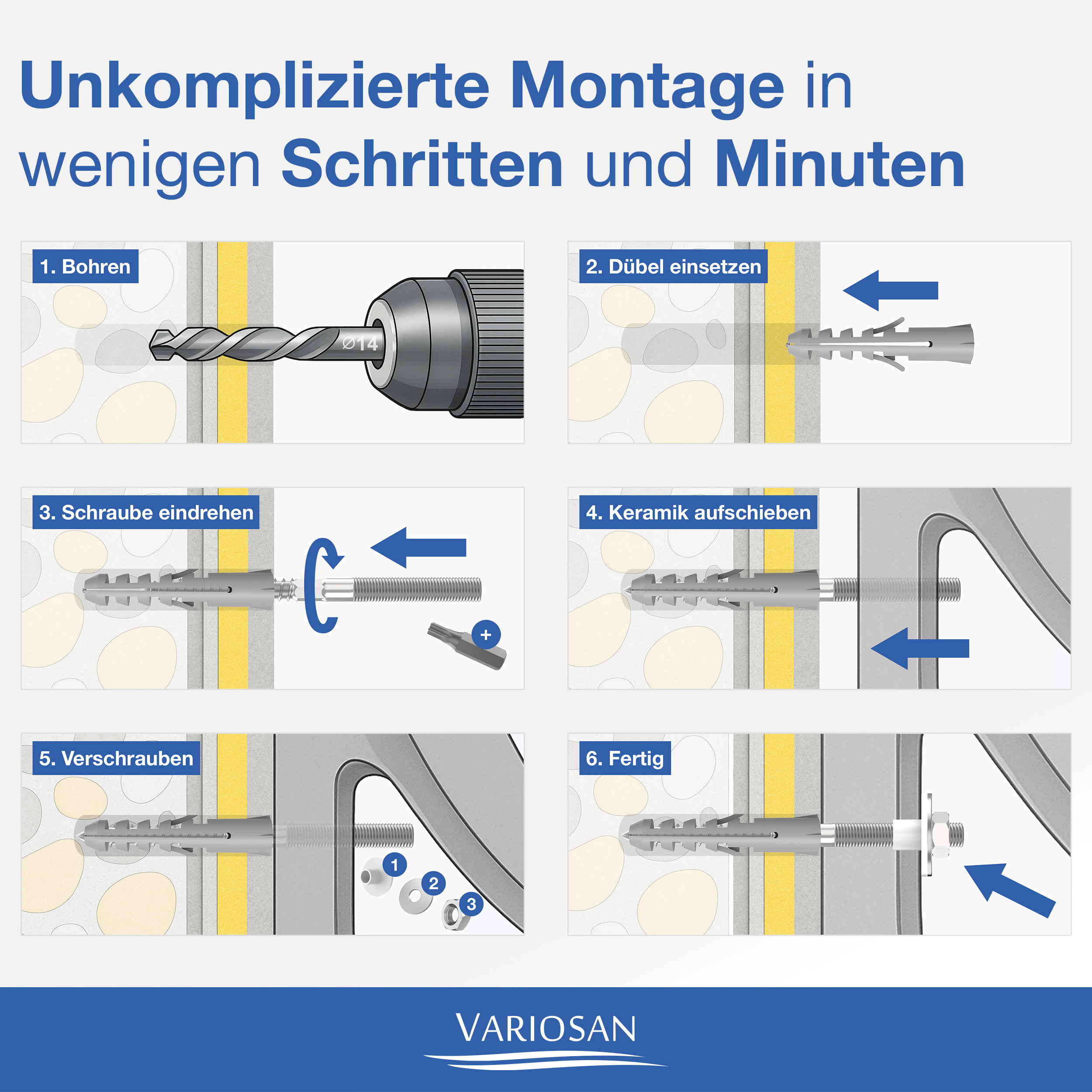 VARIOSAN Waschtischbefestigung 14092, M10 x 140 mm, 10-teiliges Profi-Montageset