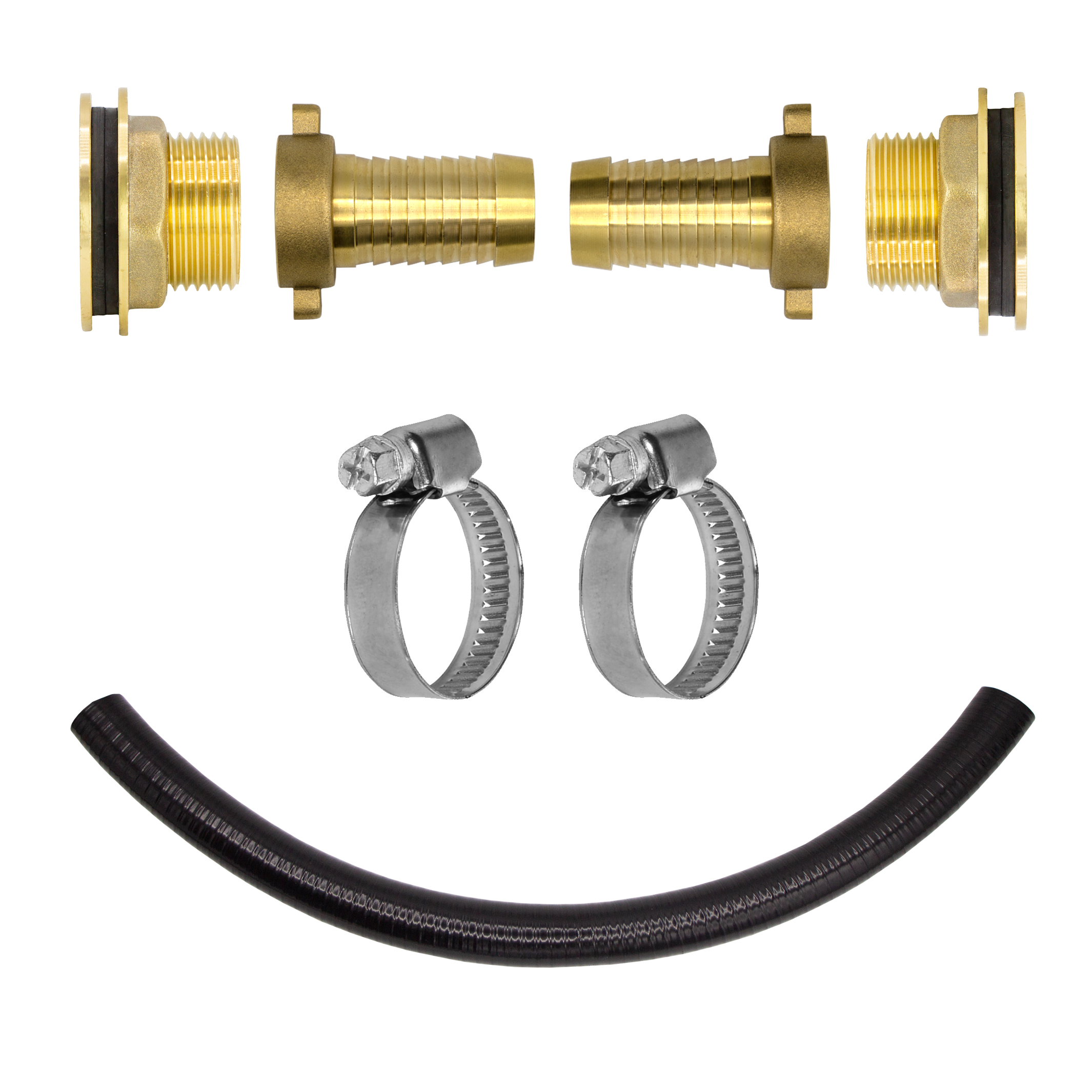 14573_2_v2 VARIOSAN Regentonnen Verbinder Set 14573, 1", Messing blank, inkl. 50 cm Verbindungsschlauch