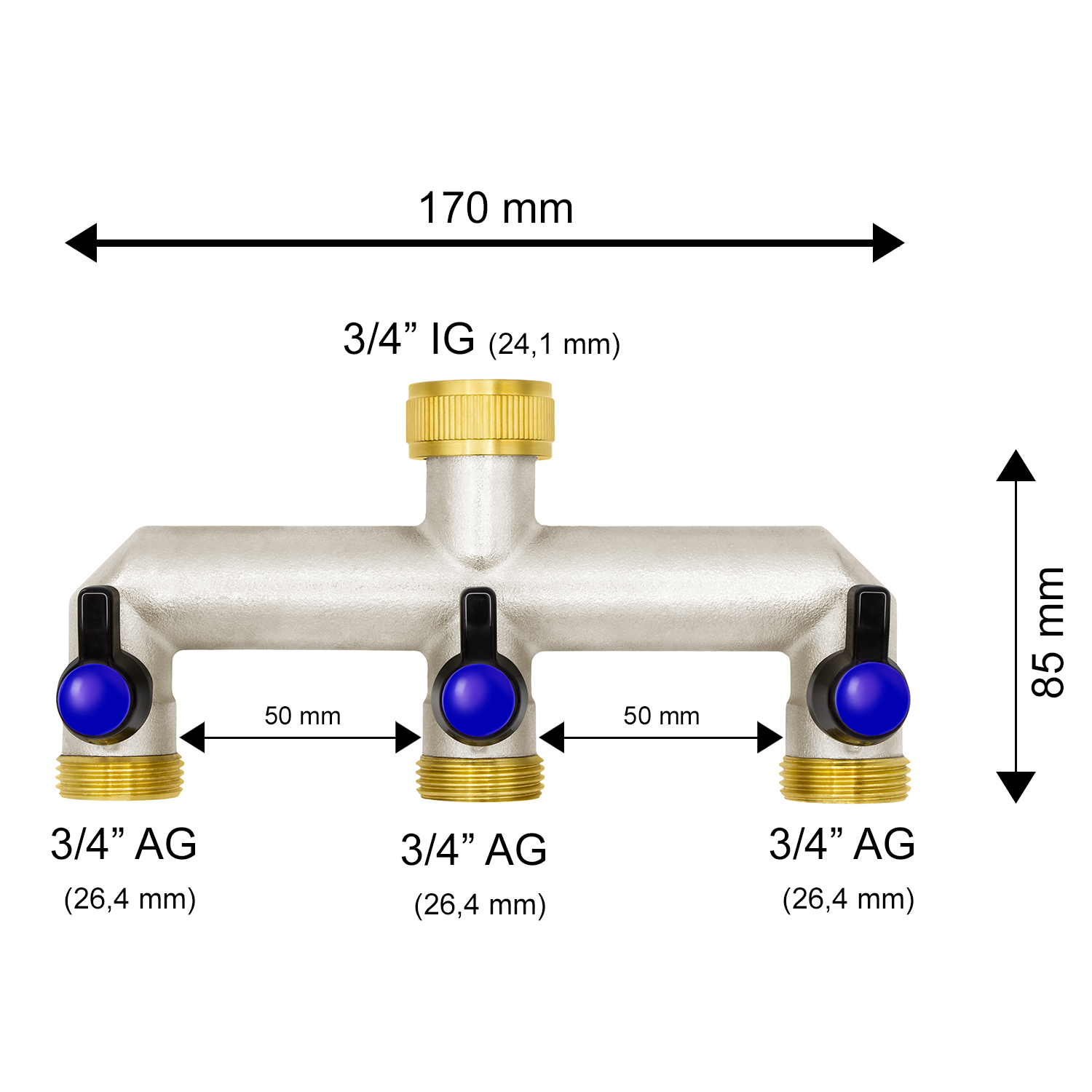 16591-4260323016591-16dac VARIOSAN 3-Wege Wasserverteiler 16591, 3/4", Messing, 3 Kugelhähne