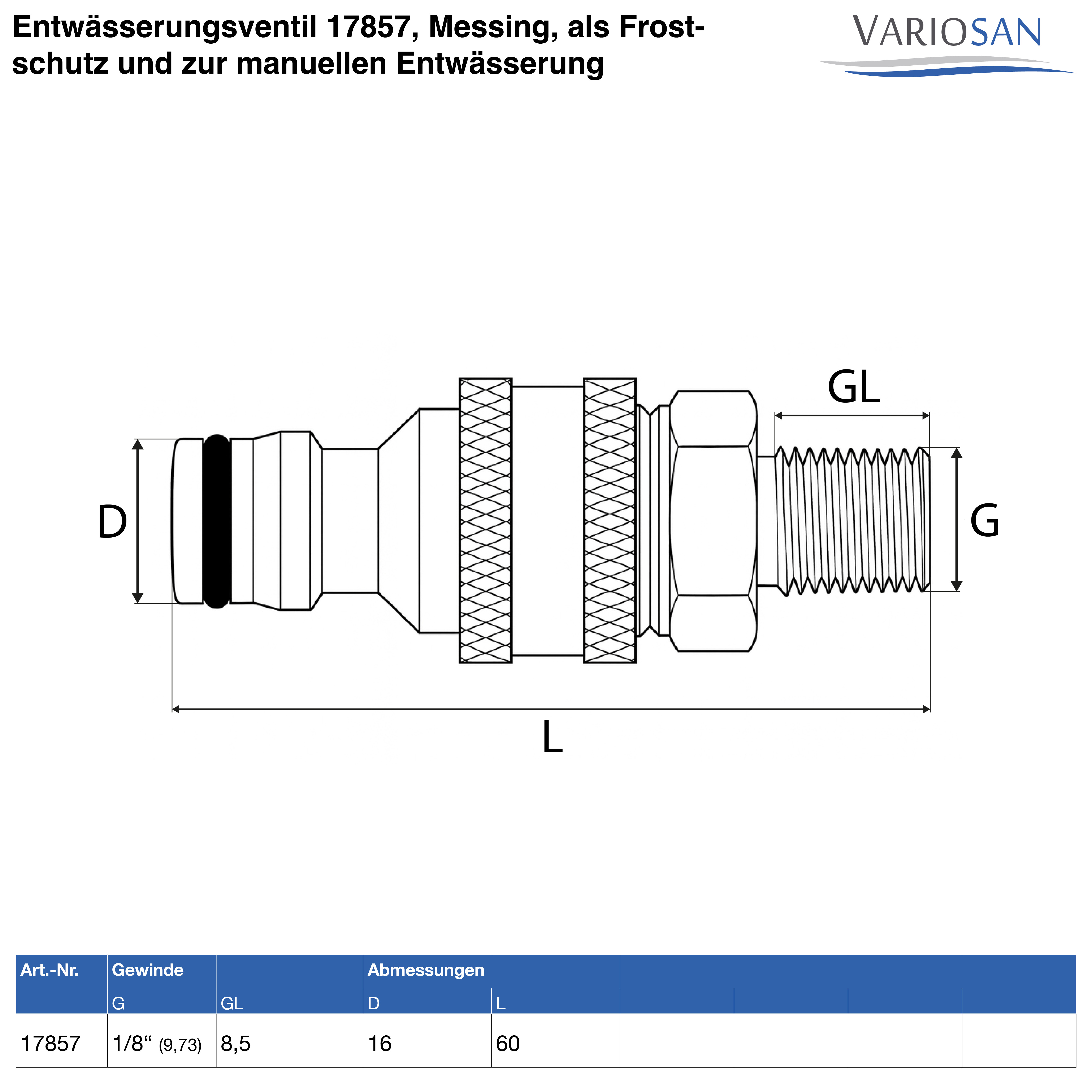 VARIOSAN Entwässerungsventil 17857, Messing, als Frostschutz und zur manuellen Entwässerung, mit VG8 Schrader Autoventil, System Gardena
