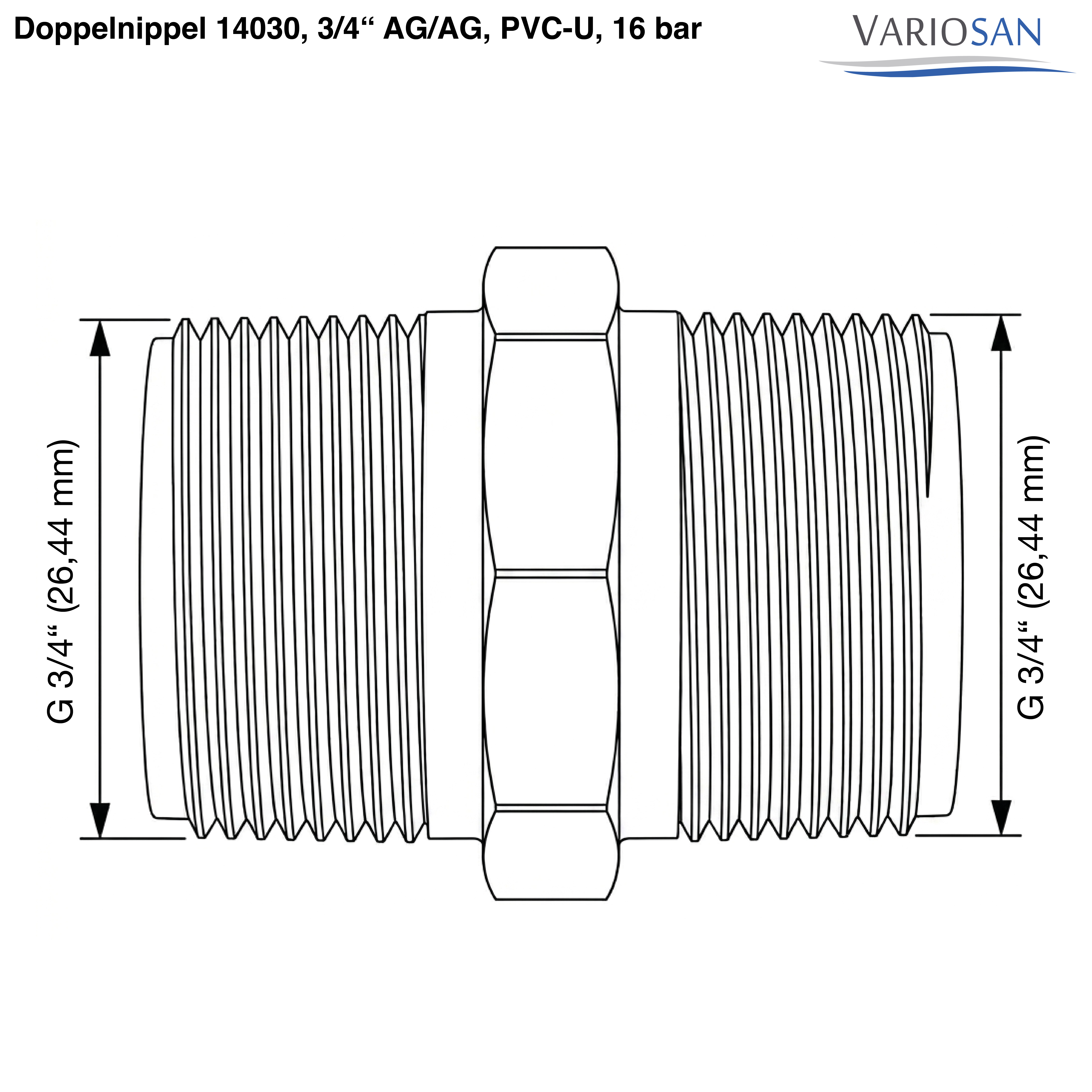 VARIOSAN Doppelnippel 14030, 3/4" AG/AG, PVC-U, 16 bar