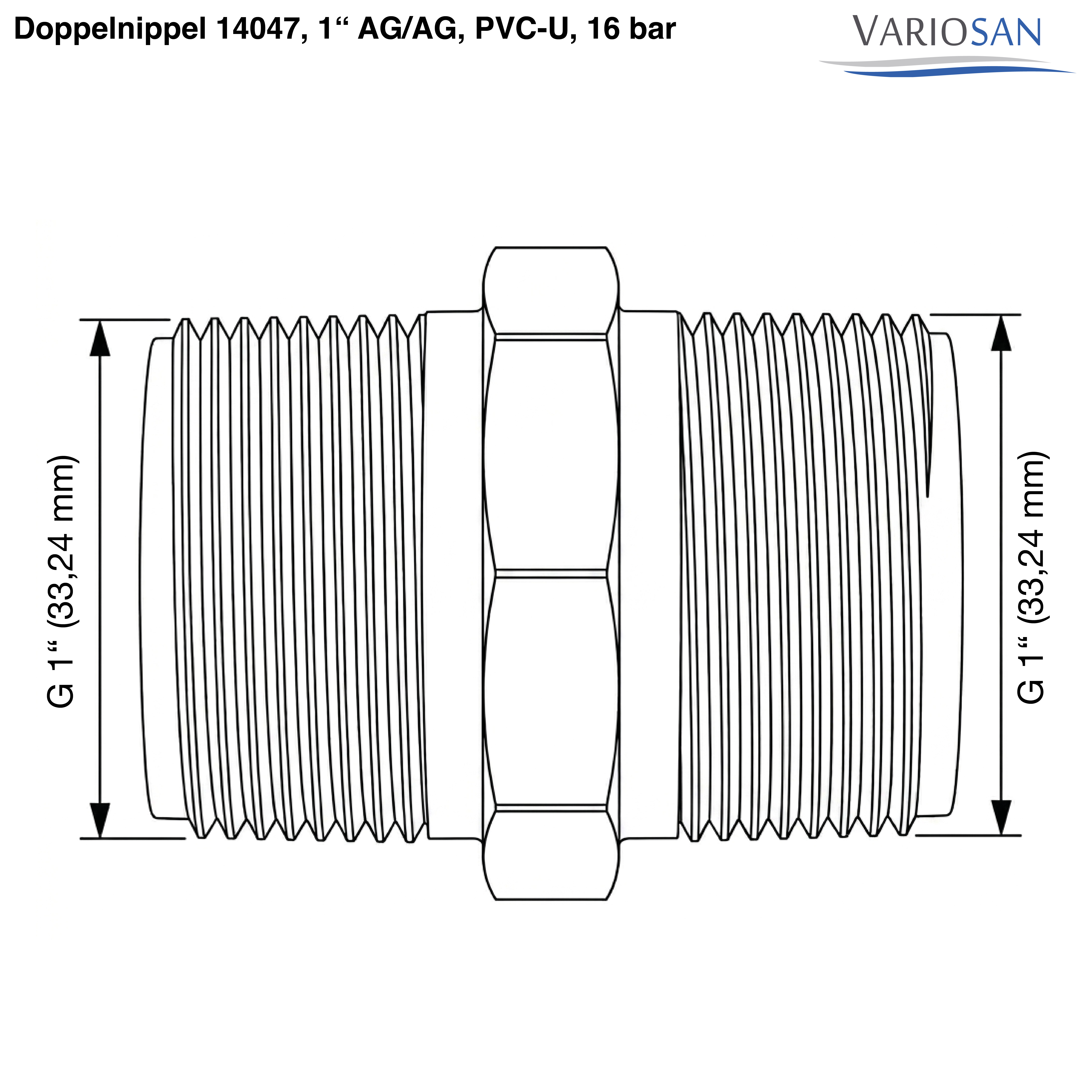VARIOSAN Doppelnippel 14047, 1" AG/AG, PVC-U, 16 bar