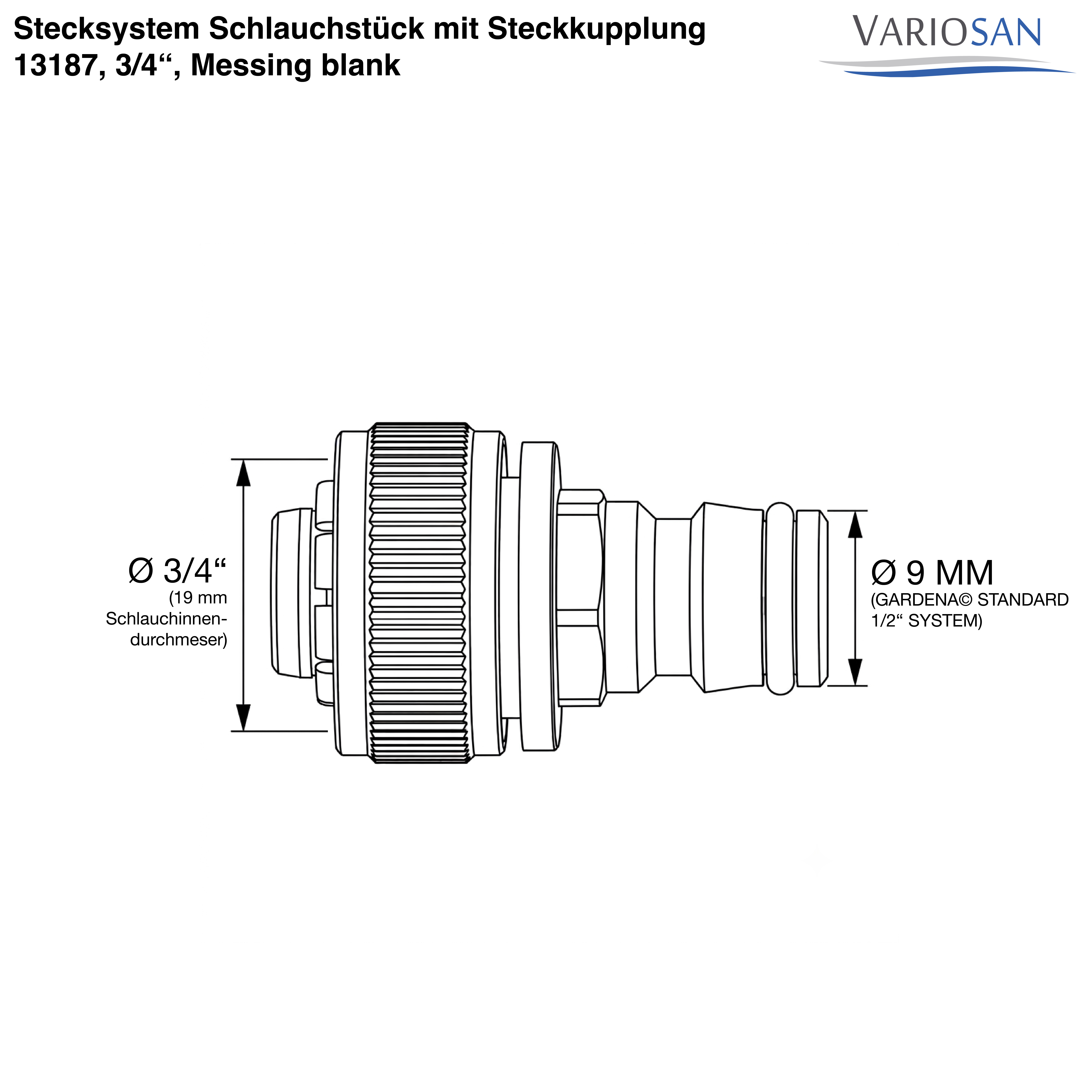 VARIOSAN Stecksystem Schlauchstück mit Steckkupplung 13187, 3/4", Messing blank