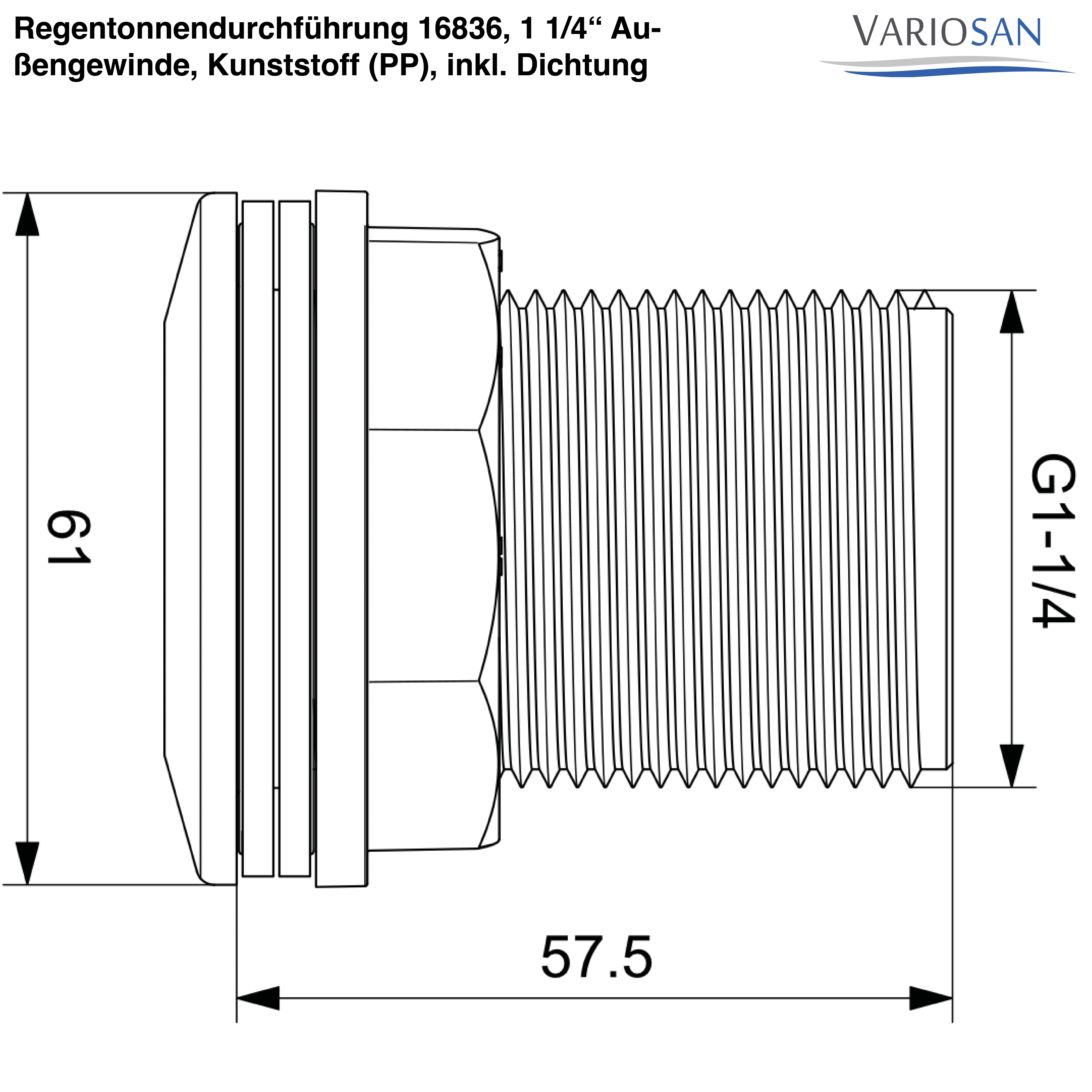 VARIOSAN Regentonnendurchführung 16836, 1 1/4" Außengewinde, Kunststoff (PP), inkl. Dichtung
