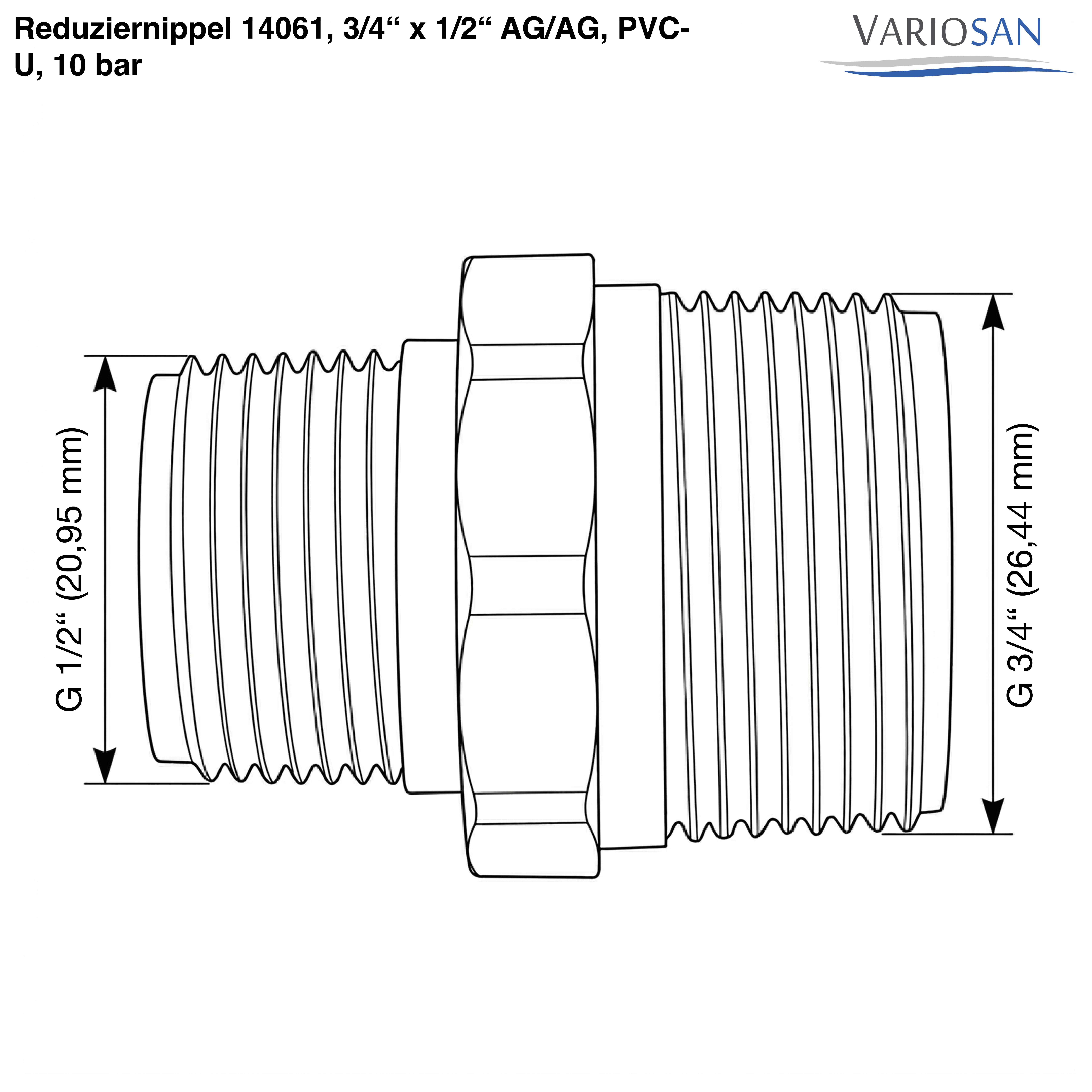VARIOSAN Reduziernippel 14061, 3/4" x 1/2" AG/AG, PVC-U, 10 bar