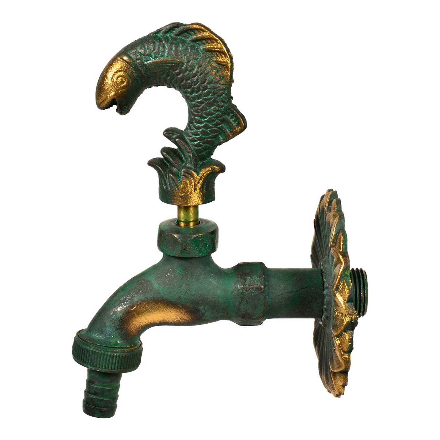 11244-4260323011244-59f43 VARIOSAN Nostalgie-Auslaufventil "Fisch" 11244, 1/2", Messing-patiniert, langer Wandabstand, massive