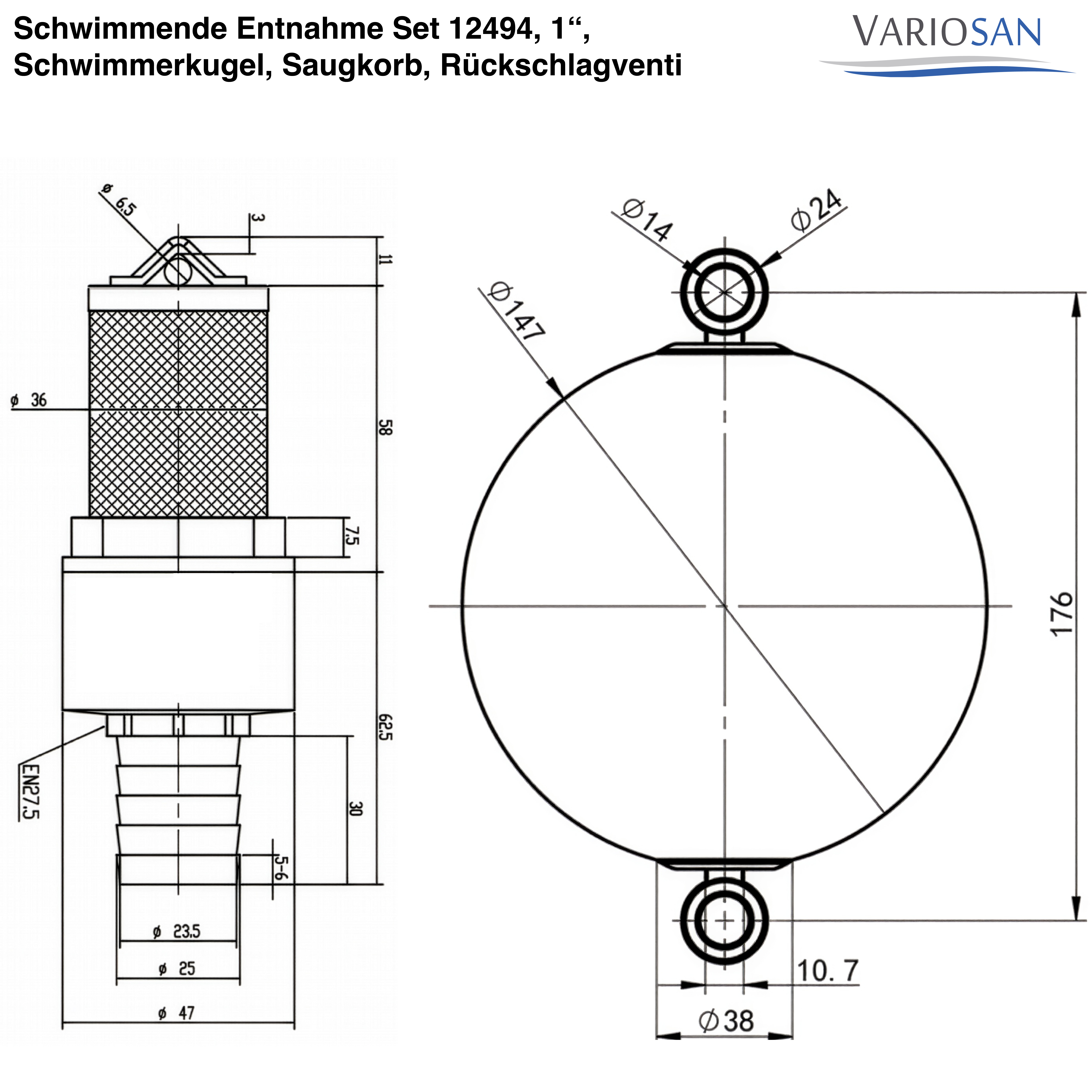 VARIOSAN Schwimmende Entnahme Set 12494, 1", Schwimmerkugel, Saugkorb, Rückschlagventil, Schlauchtülle