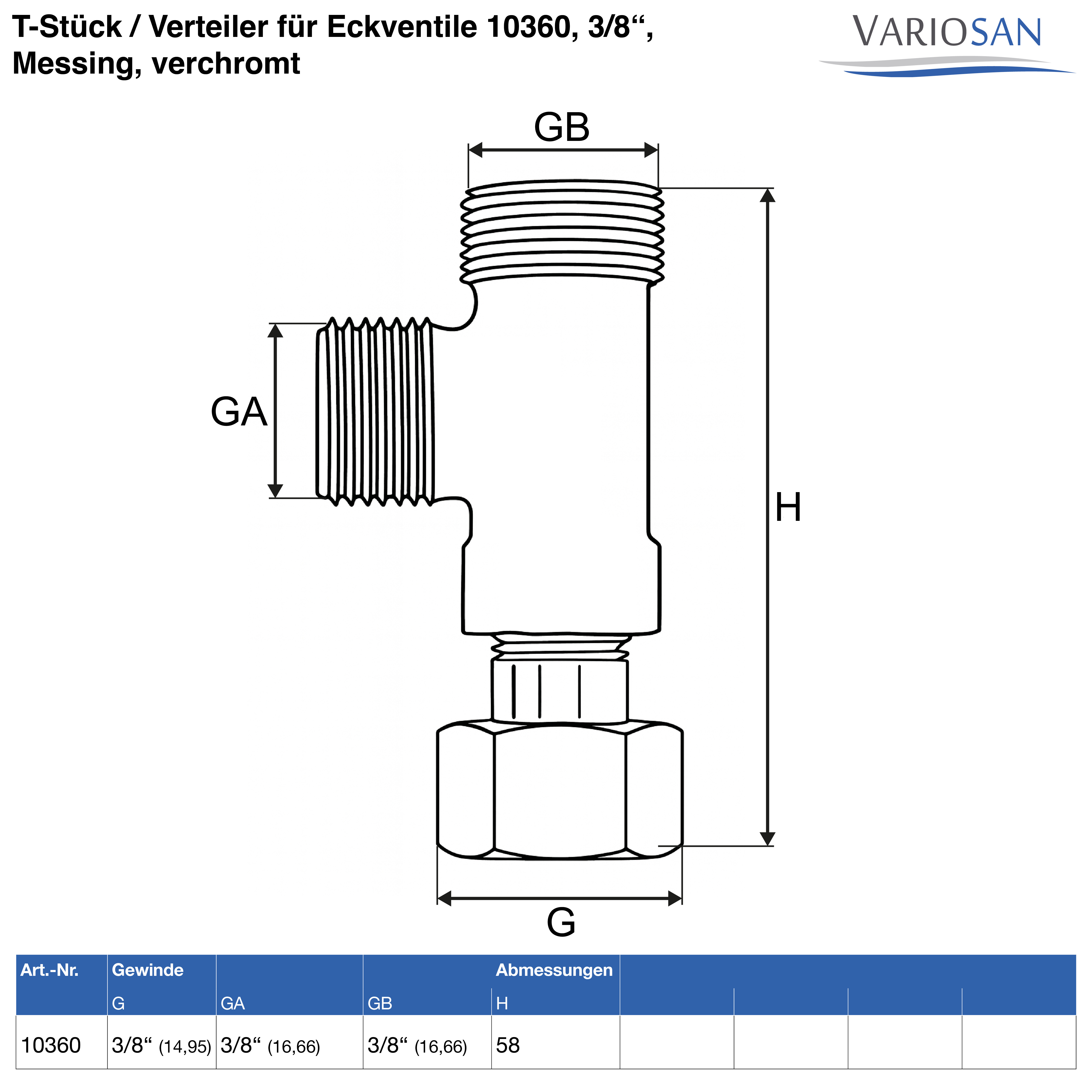 VARIOSAN T-Stück / Verteiler für Eckventile 10360, 3/8", Messing, verchromt