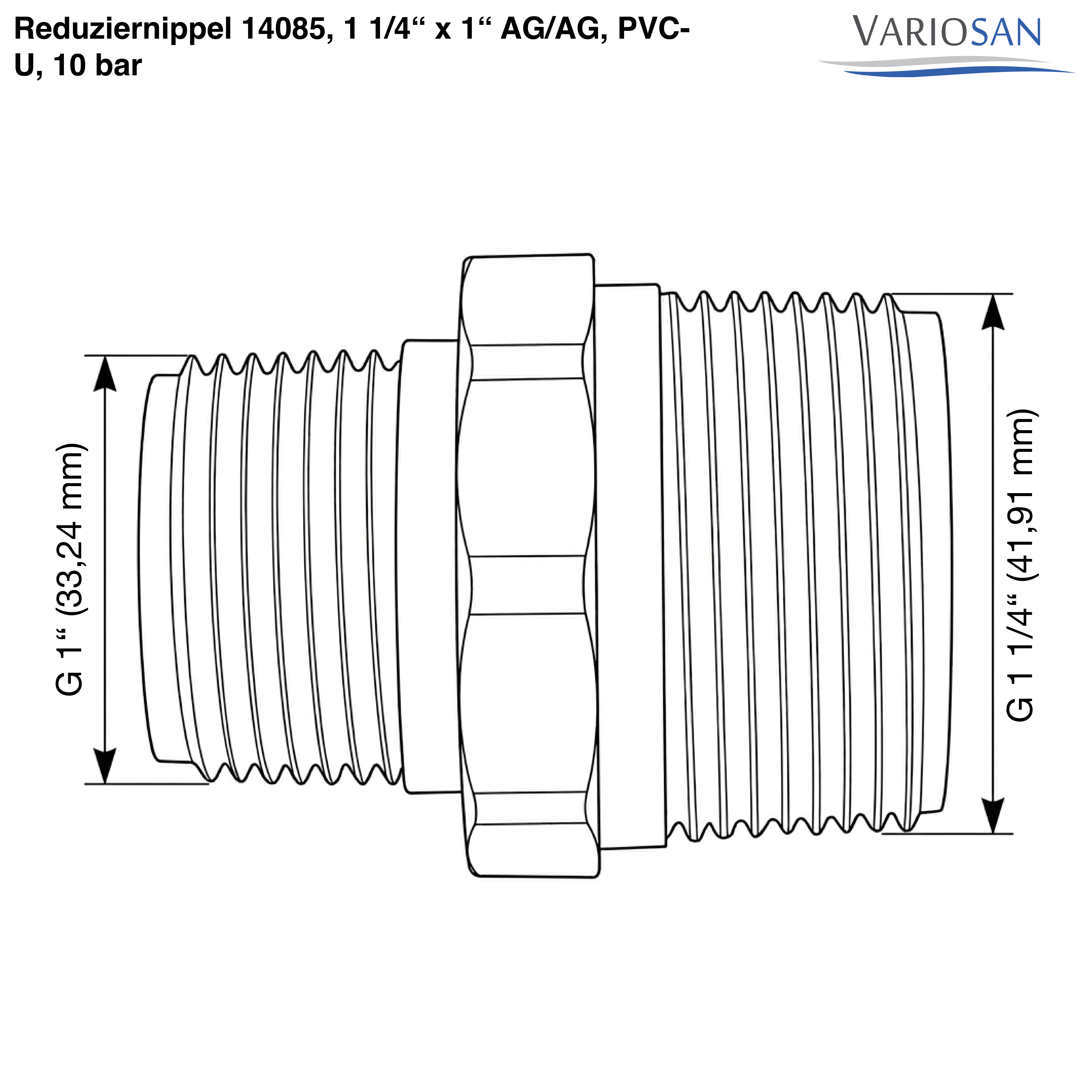 VARIOSAN Reduziernippel 14085, 1 1/4" x 1" AG/AG, PVC-U, 10 bar