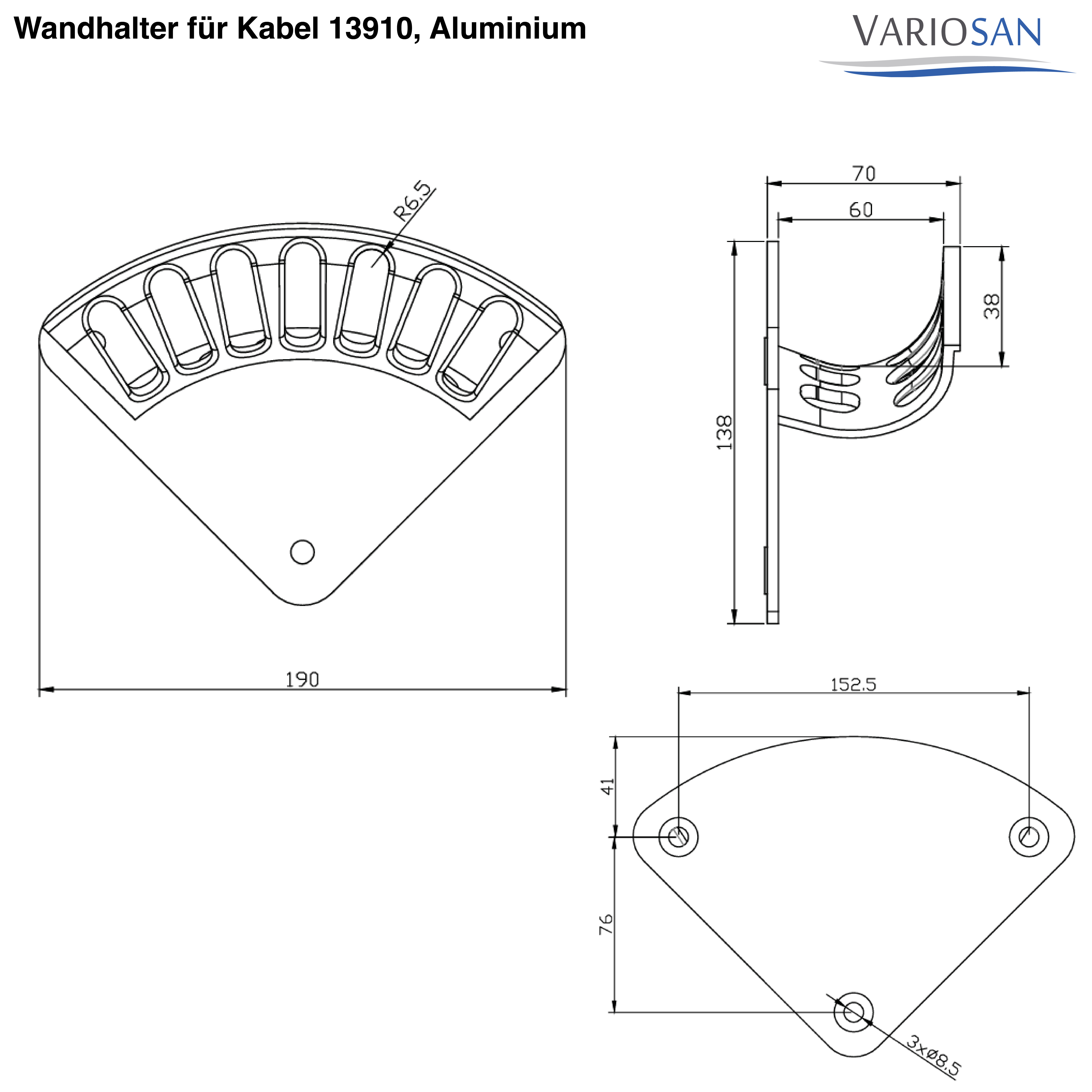 VARIOSAN Wandhalter für Kabel 13910, Aluminium, 19 x 15 x 7 cm (S)