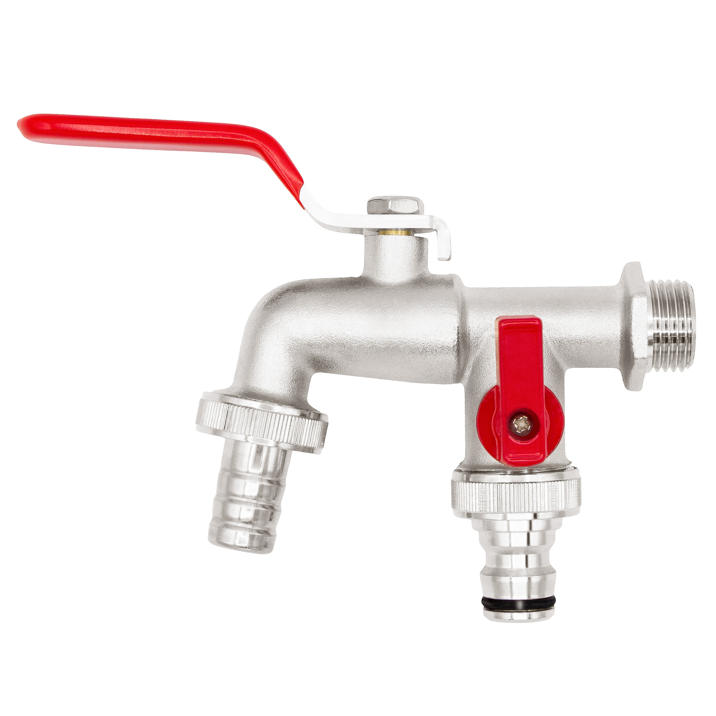 11282-4260323011282-95204 VARIOSAN Doppel Kugel-Auslaufventil 11282, 1/2", matt, verchromt, zusätzlicher 3/4" Abgang