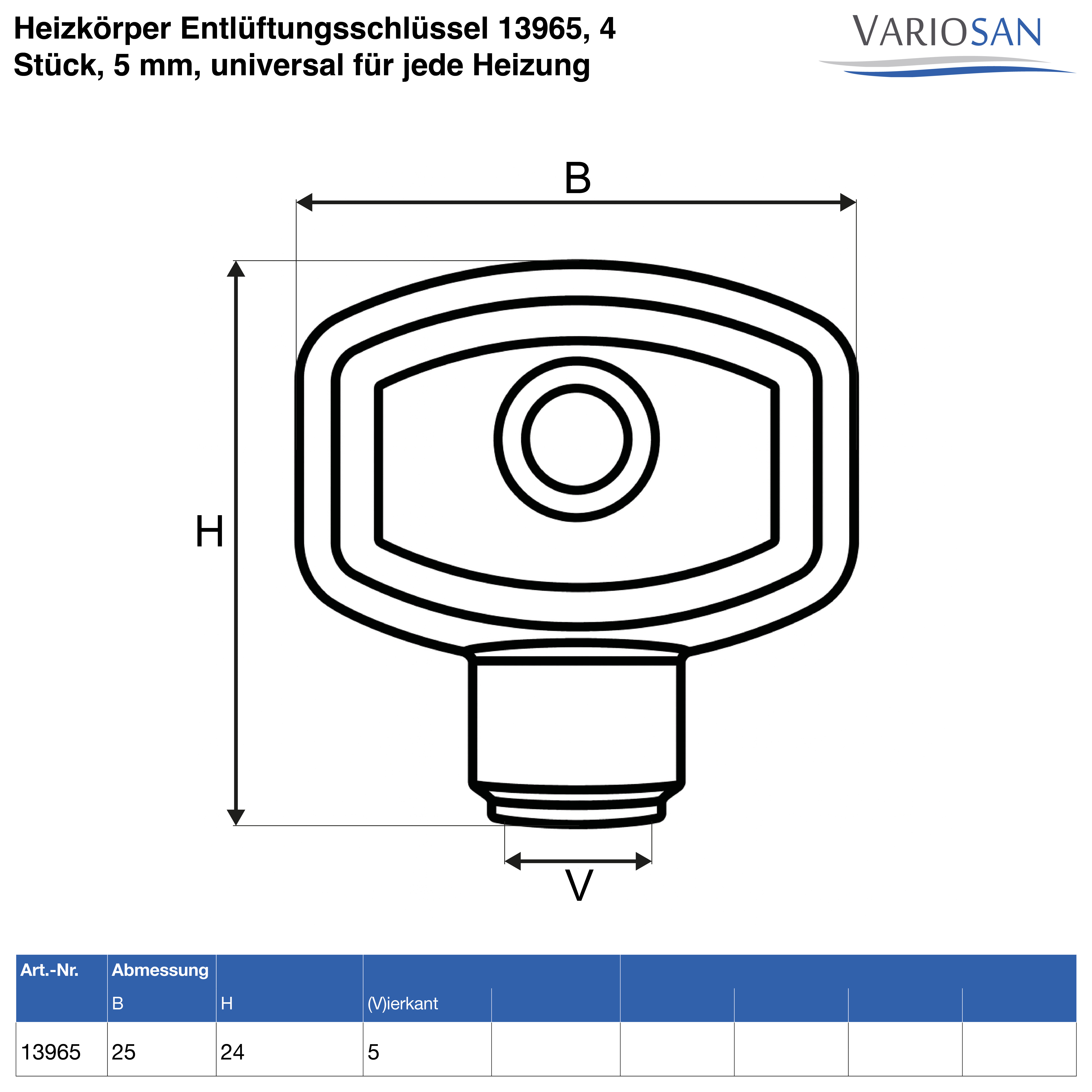 VARIOSAN Heizkörper Entlüftungsschlüssel 13965, 4 Stück, 5 mm, universal für jede Heizung