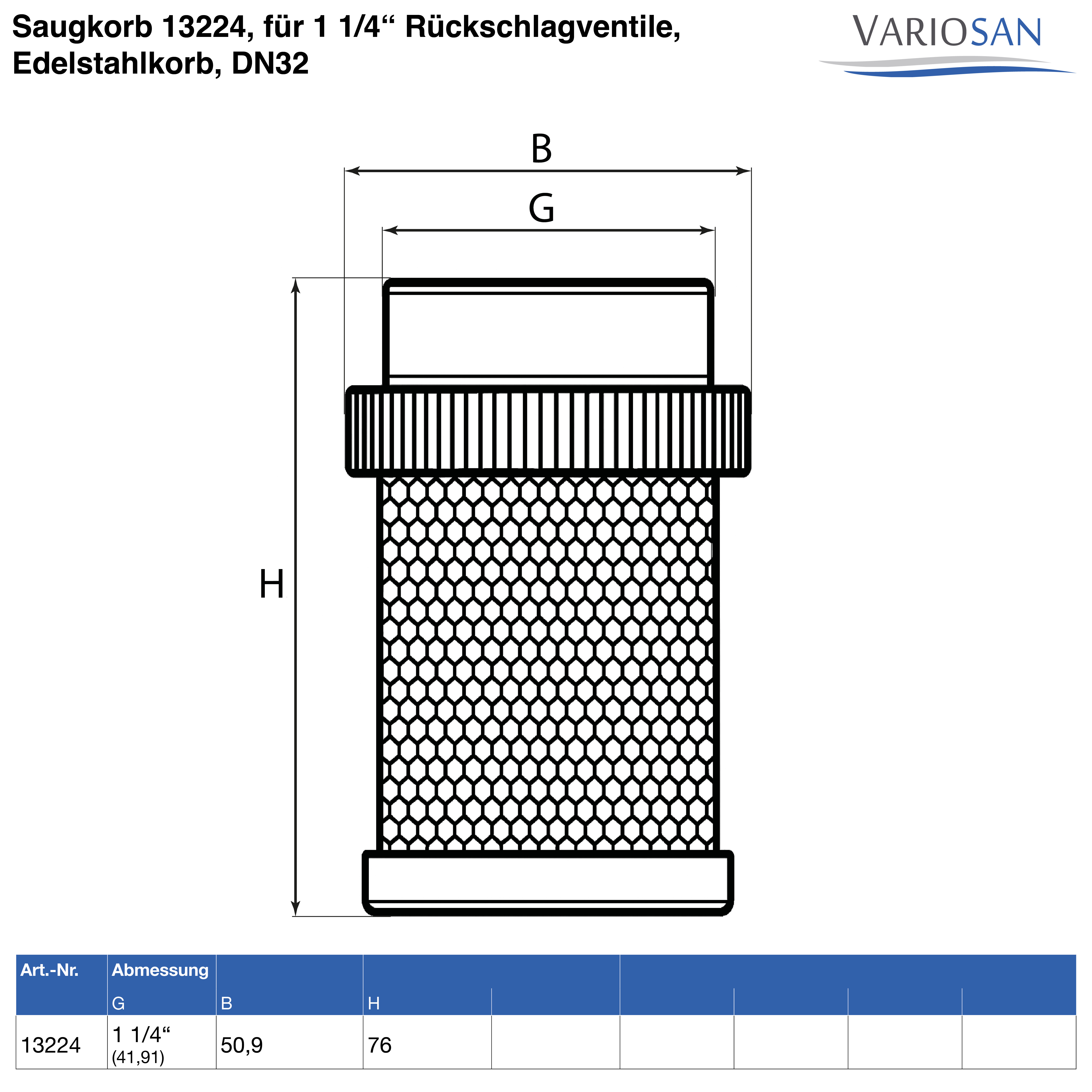 VARIOSAN Saugkorb 13224, für 1 1/4" Rückschlagventile, Edelstahlkorb, DN32
