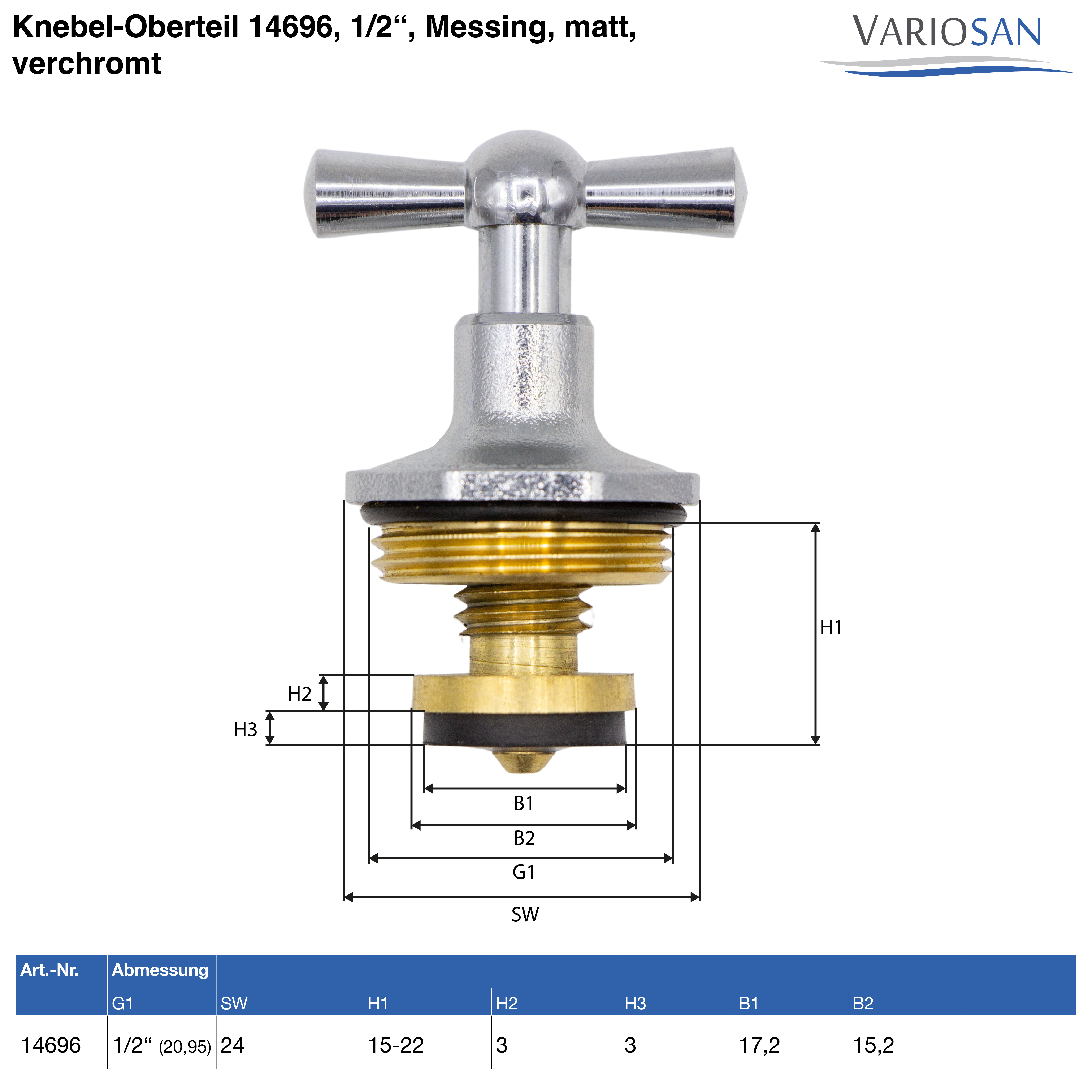 VARIOSAN Knebel-Oberteil 14696, 1/2", Messing, matt, verchromt