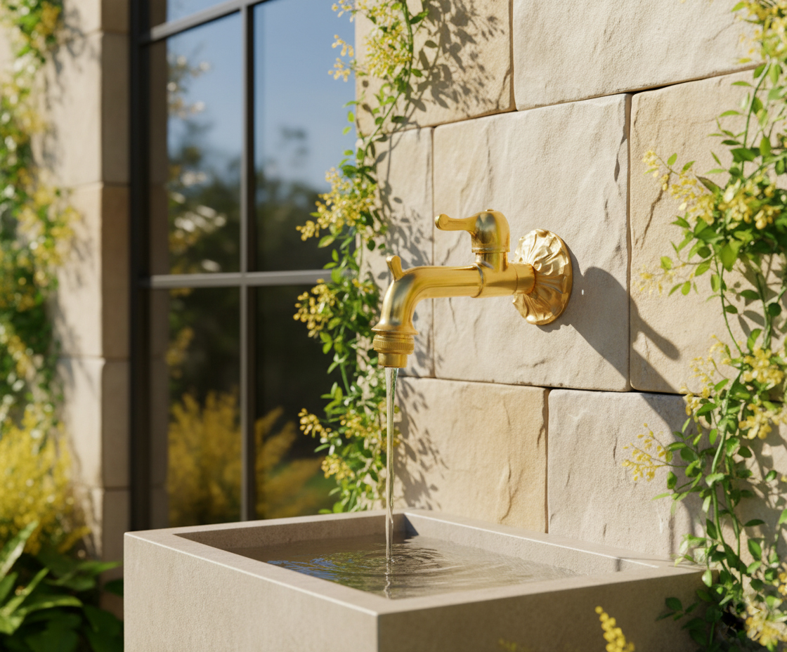 VARIOSAN Nostalgie-Auslaufventil 11275, 1/2", Messing-poliert, langer Wandabstand, massive Wandroset