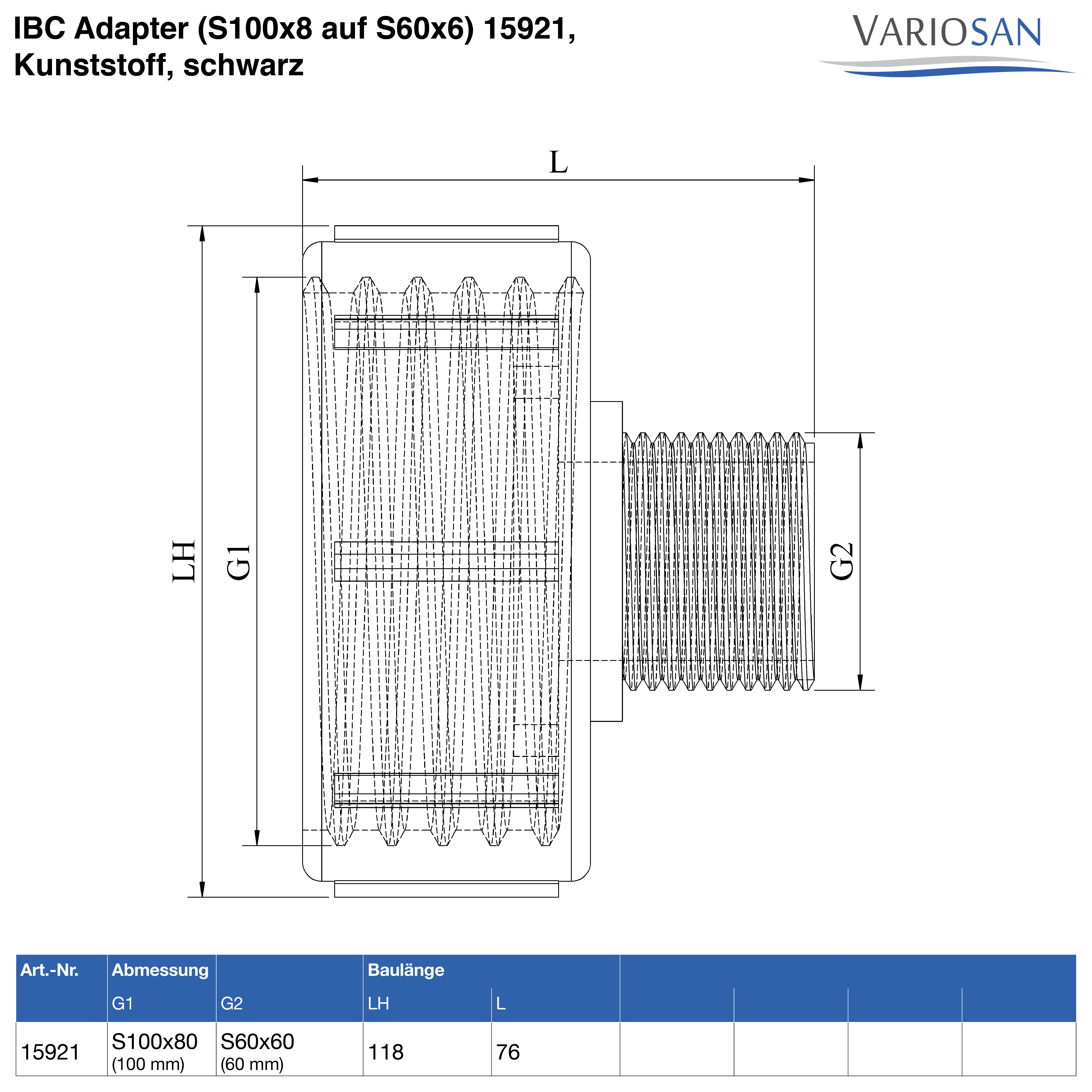 15921 VARIOSAN IBC Adapter (S100x8 auf S60x6) 15921, Kunststoff, schwarz