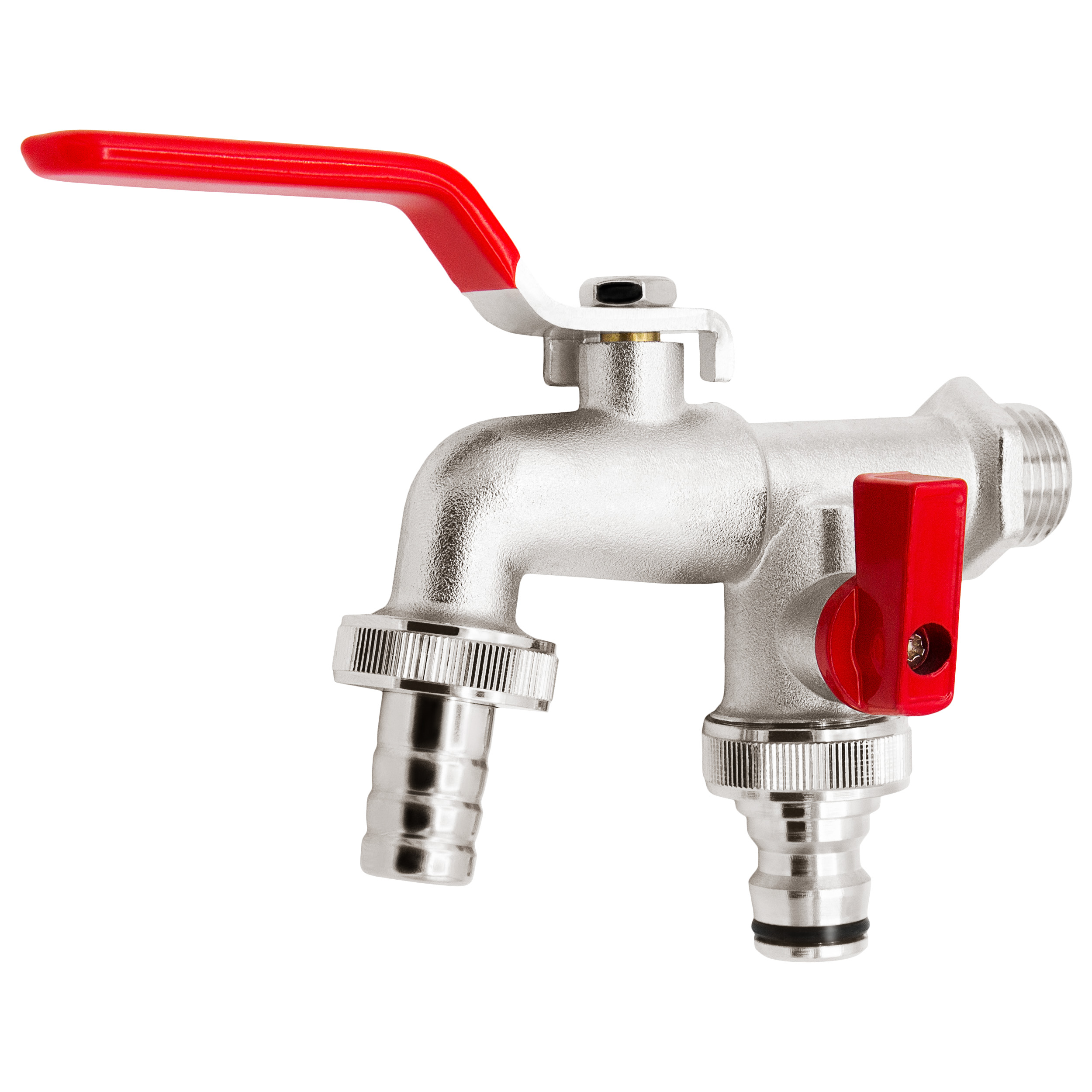 11282-4260323011282-3f874 VARIOSAN Doppel Kugel-Auslaufventil 11282, 1/2", matt, verchromt, zusätzlicher 3/4" Abgang