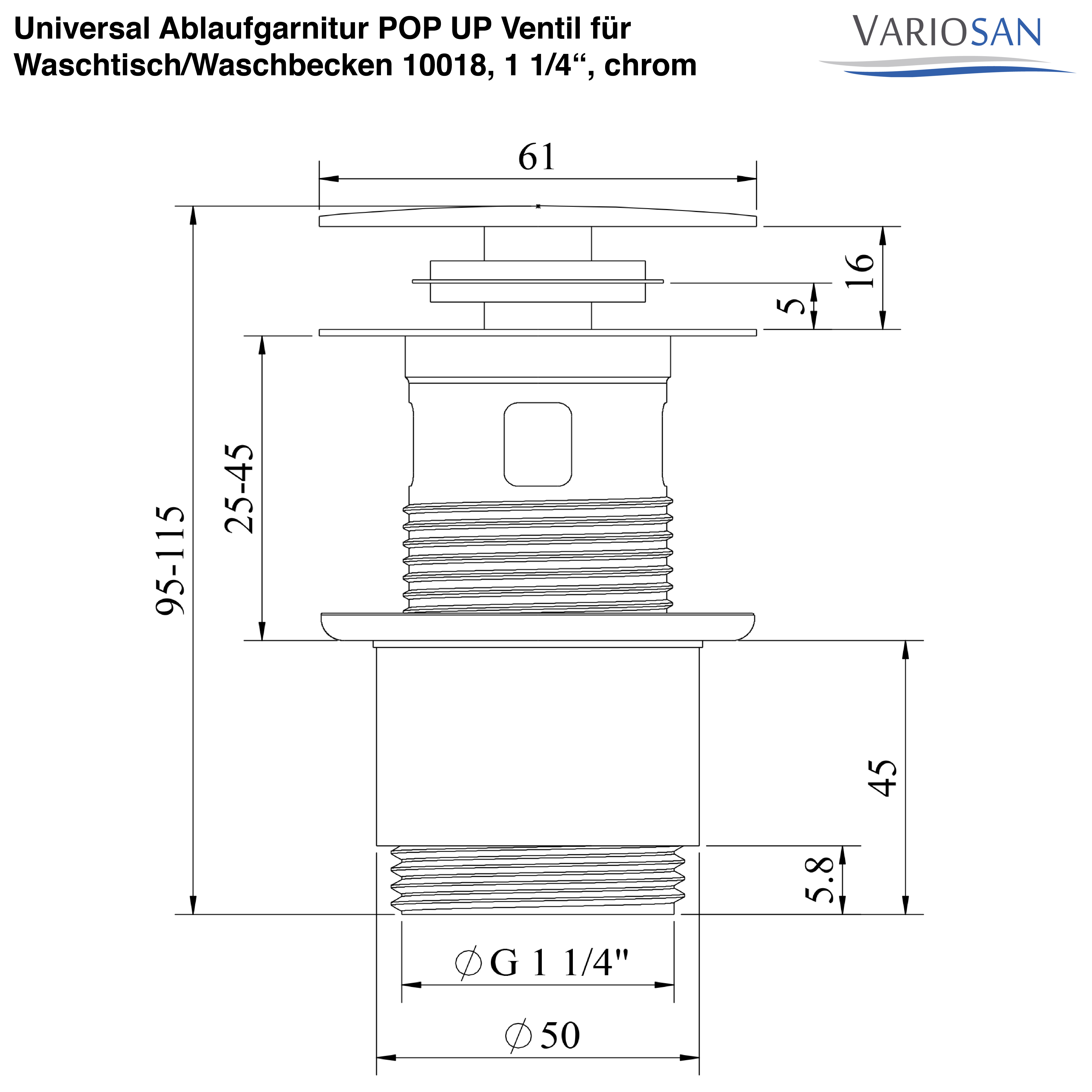 VARIOSAN Universal Ablaufgarnitur POP UP Ventil für Waschtisch / Waschbecken